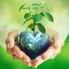 hands holding a heart shaped earth with a plant growing out of it